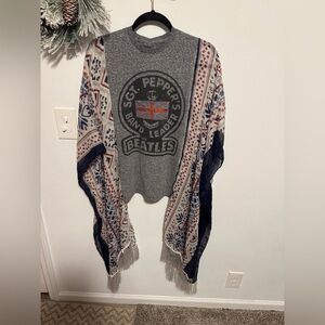 Reworked Gray Beatles Graphic Tee with Patterned Kimono